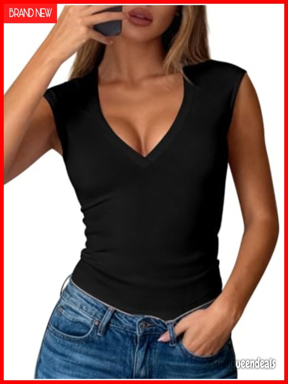 PRETTYGARDEN Womens Sleeveless Ribbed Knit Deep V Neck Crop Tank Top Casual